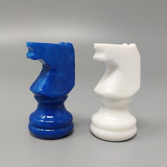 Image 1 of 1970s Gorgeous Sky Blue and White Chess Set in Volterra Alabaster Handmade. Made in Italy