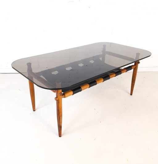 Table basse vintage en teck, design danois des années 1970, avec verre fumé. – salontafels, Wood, Glass