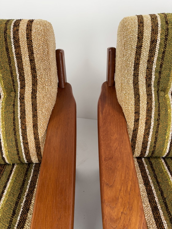 Image 1 of Pair of Danish easy chairs – teak frame with original striped upholstery