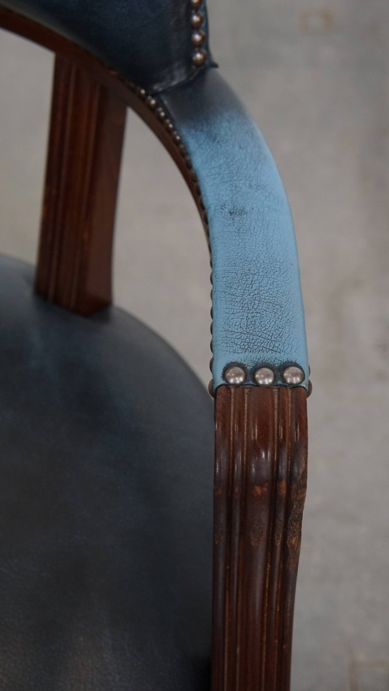 Image 1 of Blue cowhide leather and wood chesterfield office chair in English style