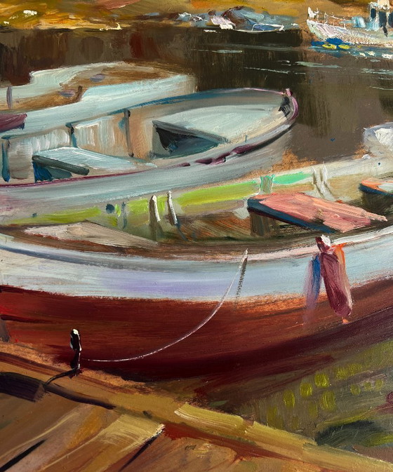 Image 1 of Original Oil Painting Summer Coastal Landscape City boat ferry