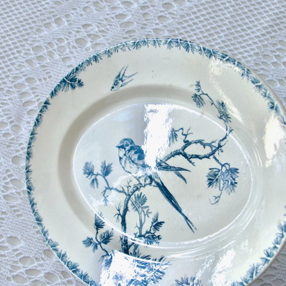 Image 1 of Große ovale Schale 19. Jahrhundert Gien Eisenerz "Provençal" Vögel Schwalben