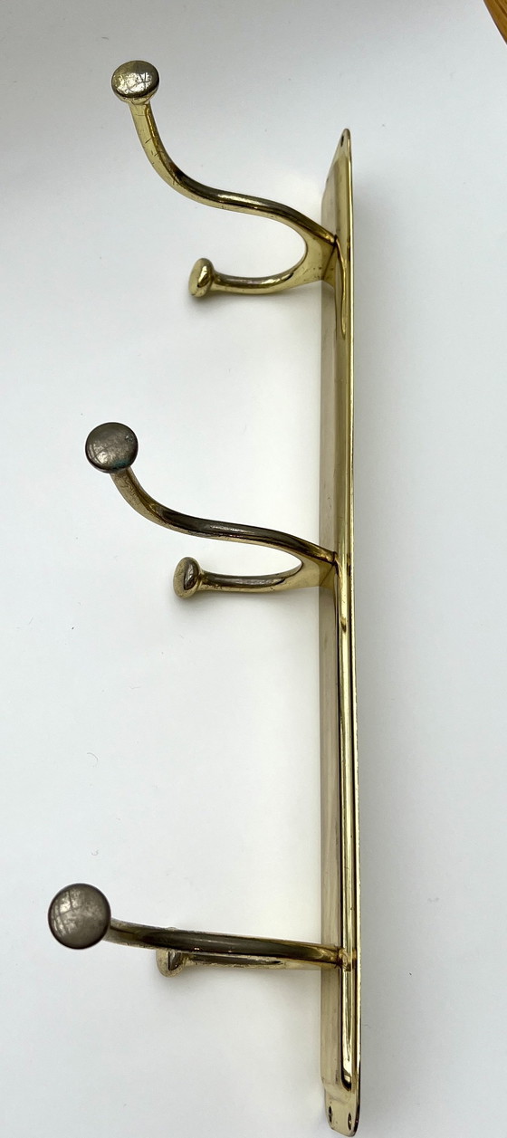 Image 1 of Perchero de pared de latón pulido con tres ganchos dobles, década de 1970-1980