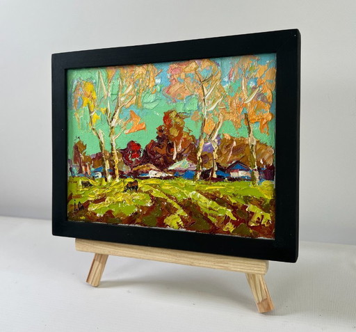 Original Oil Painting Day Village Landscape Spring fields are turning green