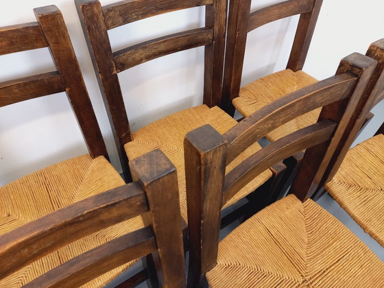 Image 1 of Set of 6 vintage brutalist chairs in solid oak and straw from the 60s