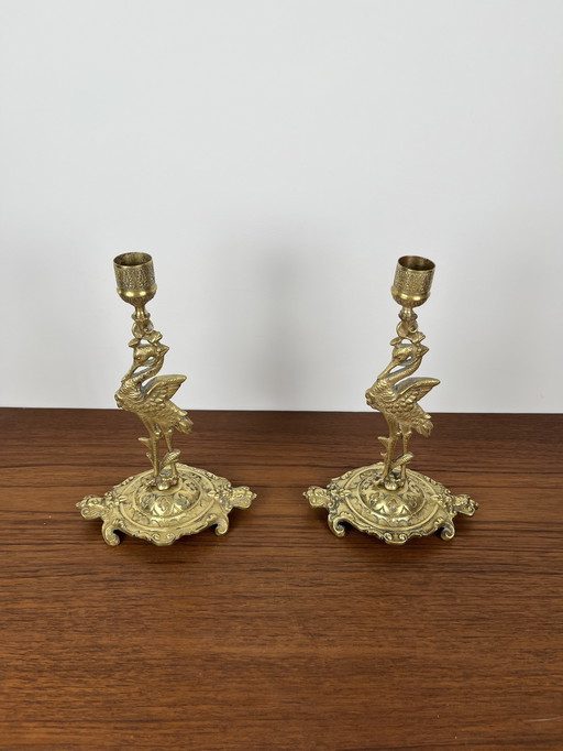 Pair of Antique Heron Candlesticks in Gilded Brass – Orientalist Art Deco Style