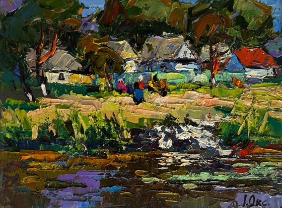 Image 1 of Original Oil Painting Summer Coastal Landscape Ducks are swimming along the river