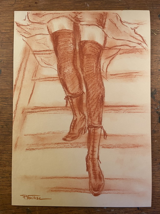 Tableau Signé Sanguine Portrait Féminin « Cabaret »
