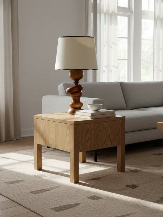 Image 1 of Impressive vintage Scandinavian style lamp, designed in carved turned wood with a ring