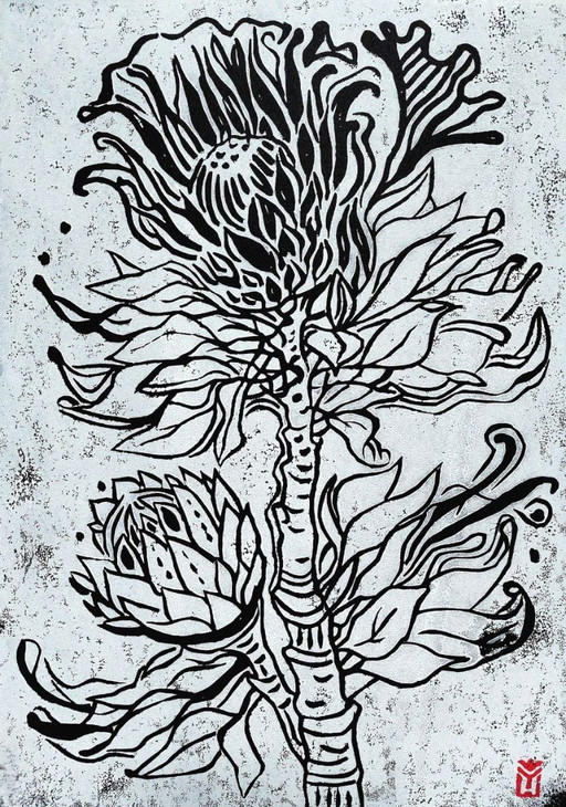 Protea, Linogravure - A3, Encre blanche sur papier noir, Art botanique imprimé à la main, Edition limitée