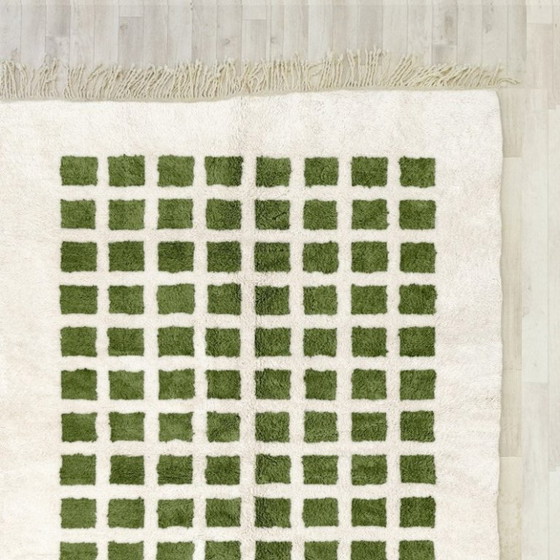 Image 1 of Handgewebter grüner karierter Wollteppich: 3 x 2 Meter