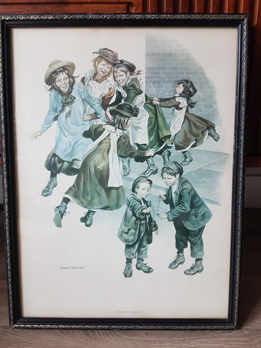 Ronald Embleton Lithograph - Signed in print - Vintage/Antique - Fox and Chickens - Children playing day scene Lithograph