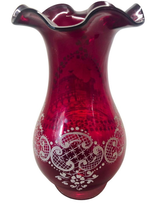 Image 1 of Vintage Bohemian Ruby Red Cut to Clear Glass Vase – Hand Blown Etched City Scene