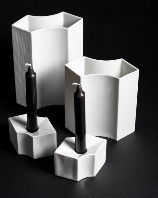 Vintage ROSENTHAL Sami Wirkkala German Bisque Porcelain Vase Duo & Candleholders