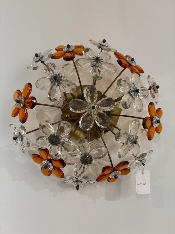 Wandlamp/plafondlamp toegeschr. Baguès ca. 1970, heldere en amberkleurige geslepen glazen bloemen – Wandlampen (photo 7 of 8)