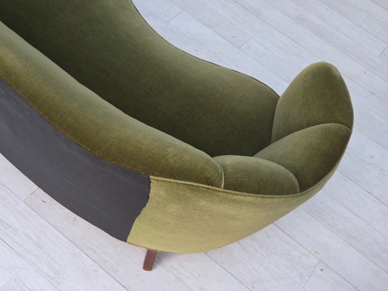 Image 1 of 1960s, Danish Curved 2-Seater Sofa, Green Furniture Velour, Oak Wood Legs