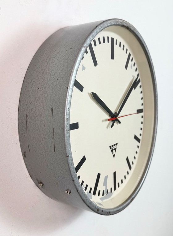 Image 1 of Industrial Grey Factory Wall Clock from Pragotron, 1960s
