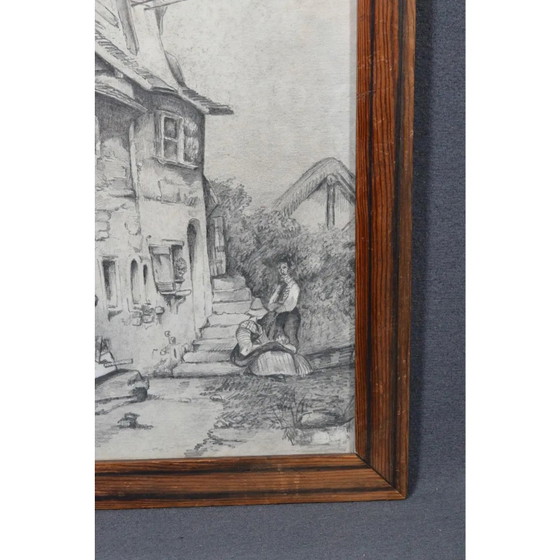 Disegno a carboncino attribuito a Jacques Moulinier (1753–1828) — Figure davanti a una casa a graticcio (photo 12 of 14)