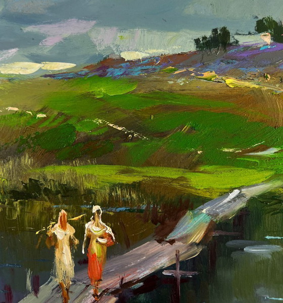 Image 1 of Original Oil Painting Summer Bridge Landscape Girls are walking by the river