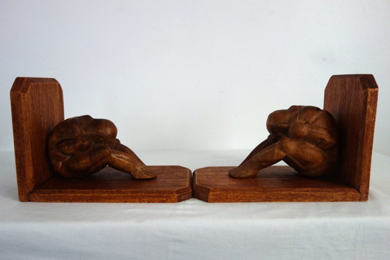 Image 1 of Vintage wooden bookends, weeping Buddha