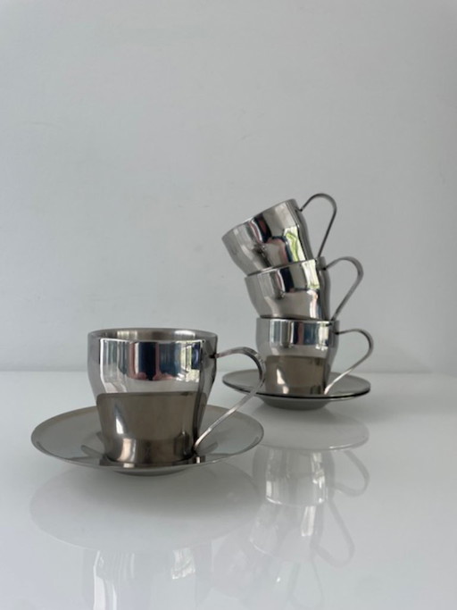 Set of 4 stainless steel espresso cups with saucers