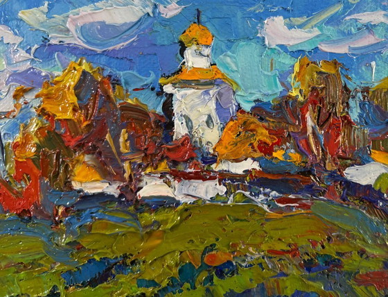 Image 1 of Original Oil Painting Summer Village Landscape The wind whispers between the stones