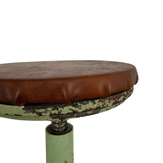 Adjustable stool, mint green metal and brown leather, Vintage (photo 10 of 13)