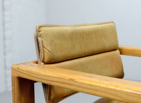 Image 1 of Mid-Century Pair of Dutch Design Camel Leather Cubic Pinewood Side Chairs by Ate van Apeldoorn for Houtwerk Hattem. 1960s.