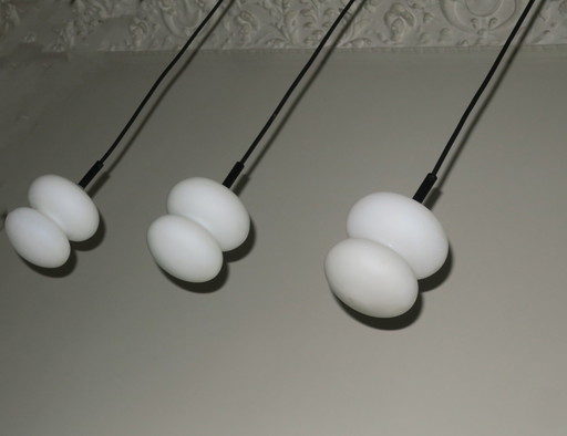 Set of 3 Mid-Century Opal Glass Organically Shaped Pendant Lights, 1960s