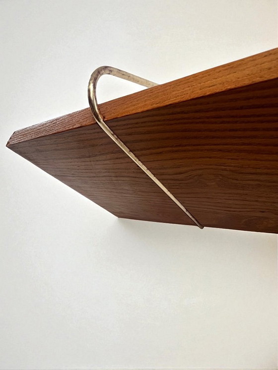 Image 1 of Vintage wooden string wall shelf with metal suspension | Mid - Century style | Open shelf | Scandinavian design