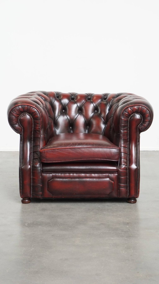 Red cowhide leather chesterfield club chair in English style