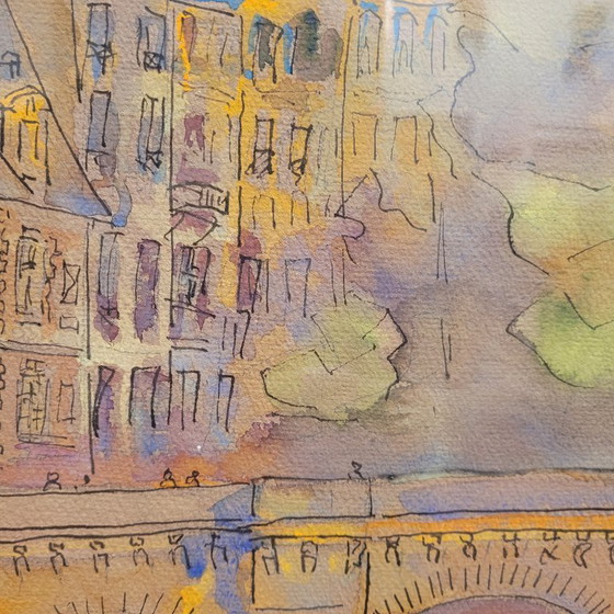 Image 1 of Aquarelle sur papier « Pont Marie, Paris », post-impressionnisme, signée Gilis, 1962 - France