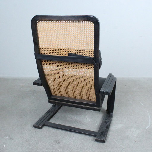 Loungefauteuil uit de jaren 80 — Wiener Weave & leer — Verstelbare rugleuning — Vintage Scandinavische stijl