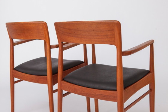 Image 1 of Set of 2 Henning Kjærnulf Armchairs, Korup Stolefabrik 1960s, Danish Teak Chairs, Black Leather, Mid Century Modern