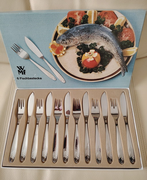 WMF vintage fish cutlery, stainless steel, unused, with original packaging