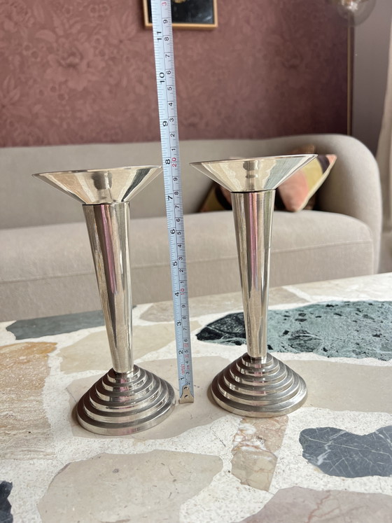 Beautiful Set of Original Art Deco Candlesticks – Chrome – 1930s – Bauhaus Style – Decorative Objects (photo 8 of 8)