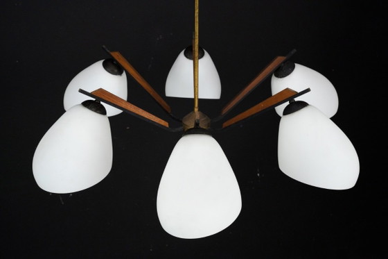 Image 1 of Italian Mid-Century six arms chandelier in the manner of Stilnovo. Italy 1950s.