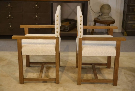 Pair of brutalist armchairs in oak and cream boucle 1950s, White (photo 10 of 14)