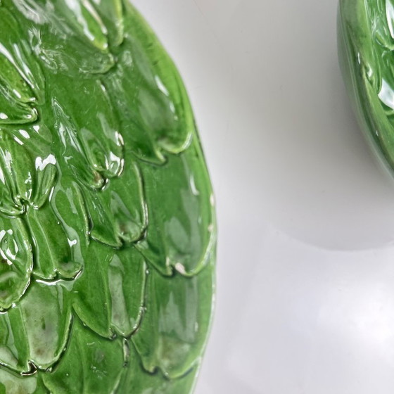 Image 1 of Vintage saladeset van groene artisjokbladeren met saladekom + 6 schalen, jaren 70
