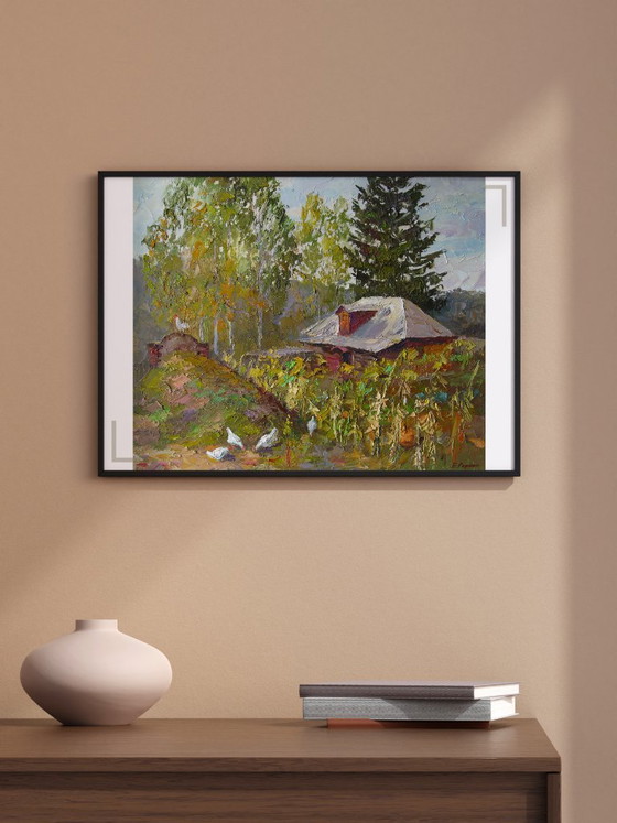 Original Ölgemälde Ländliche Landschaft Dorfhaus Sonnenblumen – Gemälde & Zeichnungen, Canvas (photo 3 of 8)