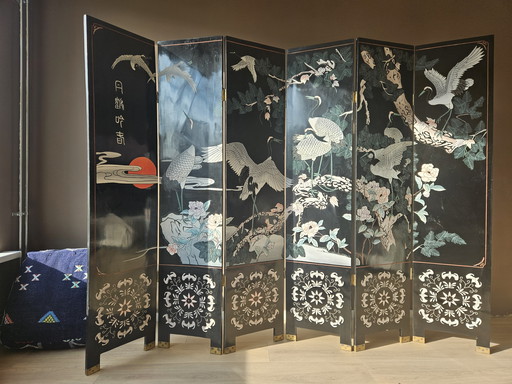 Wunderschön und charaktervoll: Antiker orientalischer 6-teiliger Raumteiler mit Kranichen