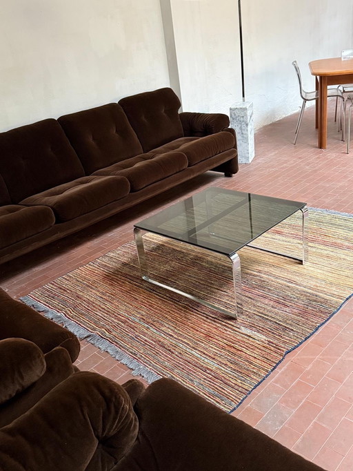 Tavolino da caffè in vetro cromato e fumé (anni '70)