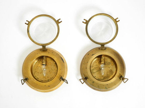 Image 1 of A pair of large, heavy 1950s original maritime ship wall lamps made of brass and glass