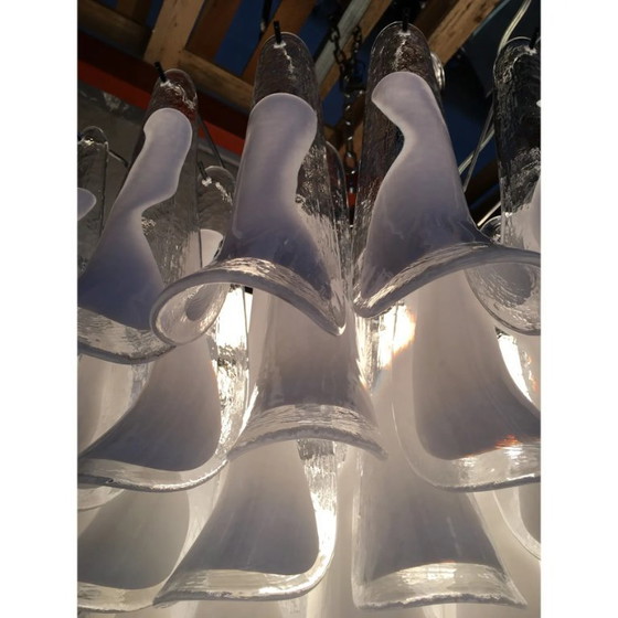 Image 1 of Witte en transparante "Selle" Murano glazen kroonluchter in Mazzega-stijl