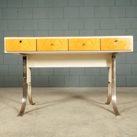Bureau design vintage avec pieds traîneaux chromés – années 1970 – Bureaux, Metal, Wood (photo 9 of 24)