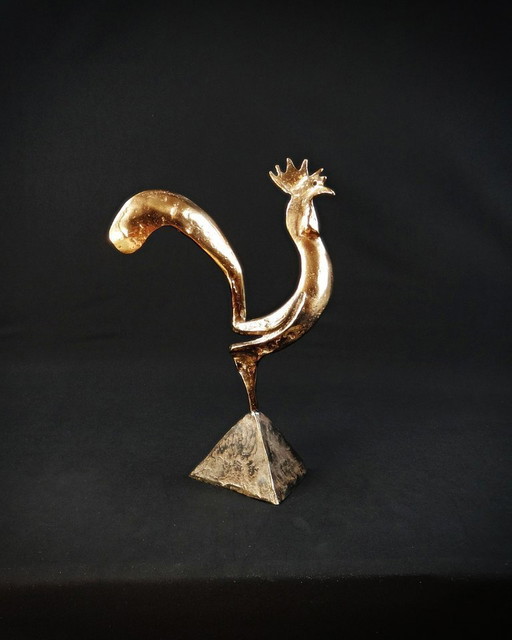 Yves Lohé "Coq" épreuve en bronze à la patine doré vintage années 90s
