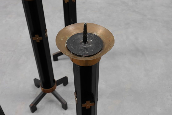 Image 1 of Rare set of 4 very large church candle sticks in black metal and copper, 1960s