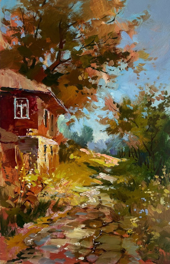 Image 1 of Original Oil Painting Autumn House Landscape Autumn golden path
