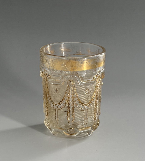 Image 1 of Gobelet en verre pressé Art nouveau, vers 1910 – Bohême (Inwald) – partiellement doré