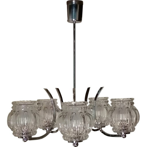 Vintage verchroomd metalen en glazen hanglamp, 1970